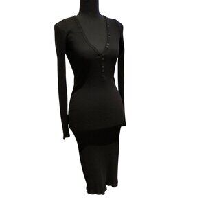 Intermix Molly V-Neck Black Ribbed Button Front Long Sleeve Midi Dress Small